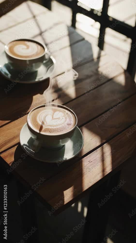 Cozy morning coffee ritual. Steaming latte art cups on sunlit wooden table. Atmospheric cafe scene with window shadows. Relaxing start to the day