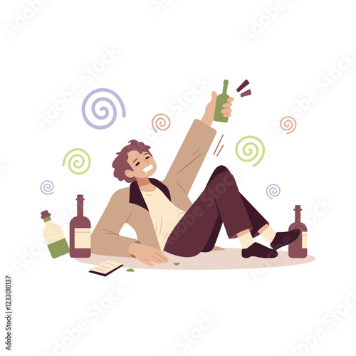 A young man sits on the floor and raising a bottle in celebration, surrounded by empty bottles.The alcoholic got very drunk and is lying on the floor. Alcoholism concept. Vector illustration.