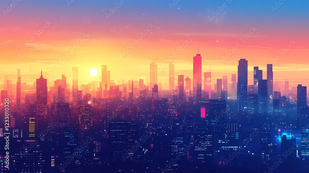 Fototapeta premium Cityscape at dawn: a vibrant urban panorama. Shaded Horizon. Illustration