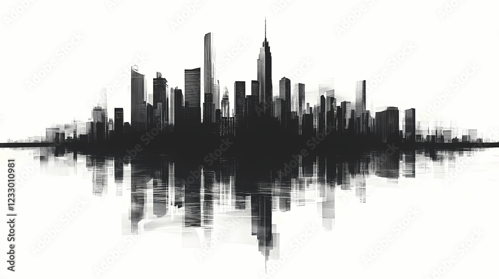 Monochrome cityscape silhouette reflected in water. Shaded Horizon. Illustration Monochrome cityscape silhouette reflected in water. Shaded Horizon. Illustration