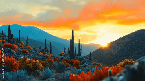 Vibrant Sunset Over Desert Landscape with Cacti and Colorful Flora