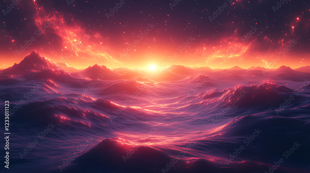 Fototapeta premium Alien sunset, fiery nebula, mountainous landscape, fantasy art, game background