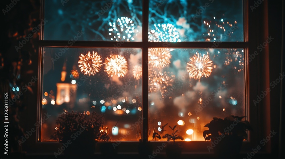 Obraz premium A cozy indoor view of vibrant fireworks through a window, symbolizing celebration, joy, and festivity.