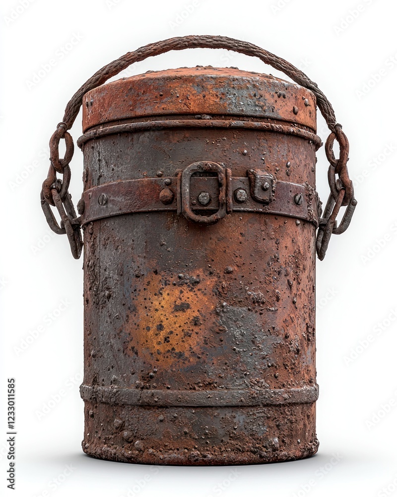 Rusty metal container with handle and chain on white background Rusty metal container with handle and chain on white background