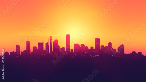 Silhouette of a city skyline against a vibrant sunset with shades of orange and pink. Shaded Horizon. Illustration