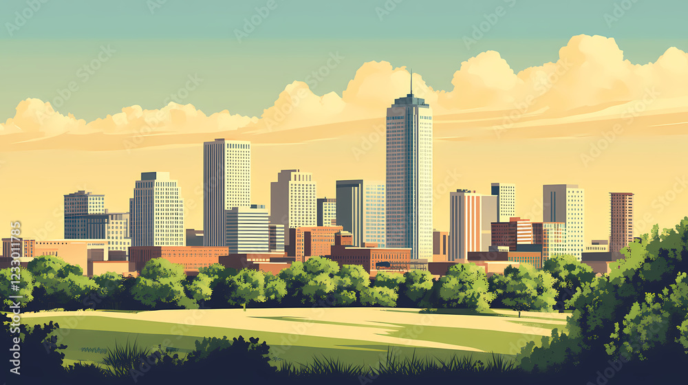 Fototapeta premium Tulsa oklahoma city skyline view a summer day. Shaded Horizon. Illustration