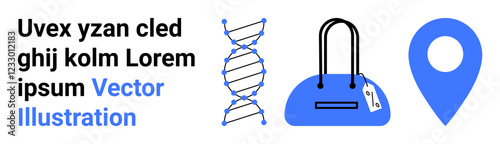 DNA double helix, handbag with price tag, and location pin alongside placeholder text. Ideal for scientific research, retail, shopping, navigation, travel branding and marketing themes. Landing