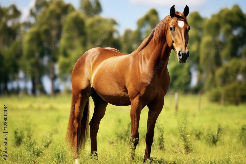 Obraz premium Majestic Thoroughbred Horse Grazing in Beautiful Green Pasture Agricultural Field. Ideal Image for Animal, Equine, Farming and Industry Concepts
