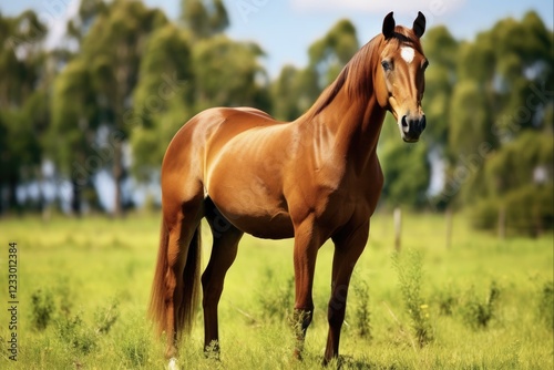Majestic Thoroughbred Horse Grazing in Beautiful Green Pasture Agricultural Field. Ideal Image for Animal, Equine, Farming and Industry Concepts