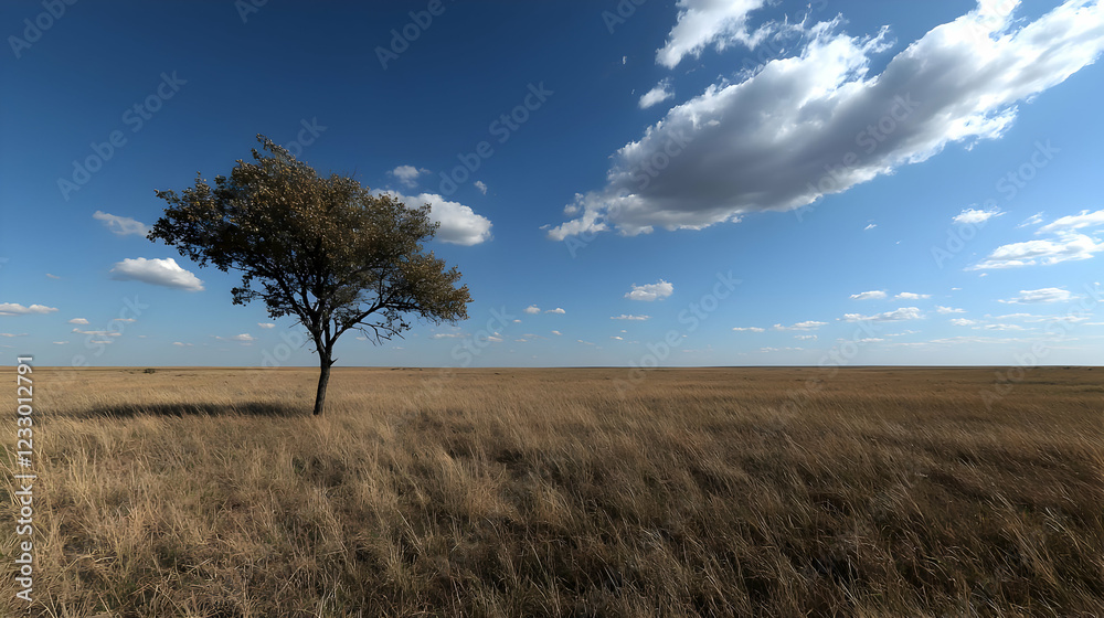 Lone tree in savanna under blue sky; peaceful landscape Lone tree in savanna under blue sky; peaceful landscape