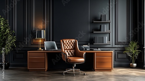Elegant office setup with comfortable upholstery and dark classic wall behind it