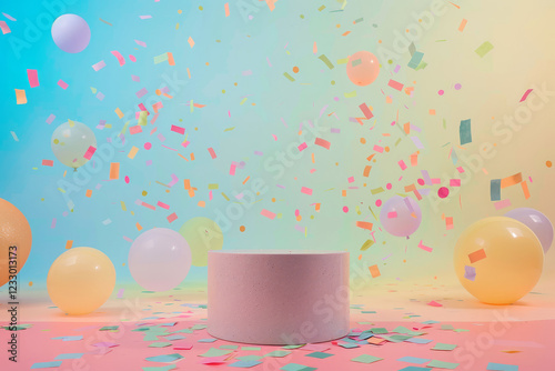 Minimalist pastel-colored podium surrounded by balloons and vibrant confetti, creating a festive and celebratory atmosphere
