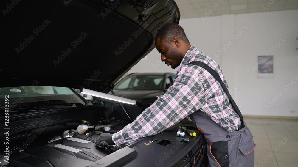 Auto mechanic inspecting car engine with work lamp Auto mechanic inspecting car engine with work lamp