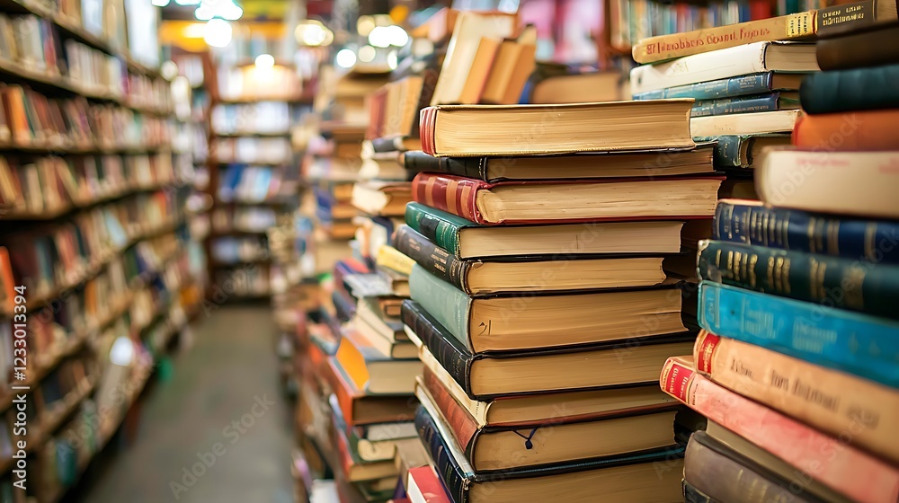 Thick history books stacked on a counter blurry bookshelves Thick history books stacked on a counter blurry bookshelves