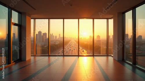 Contemporary Room with Warm Sunset Glow and a Beautiful Cityscape