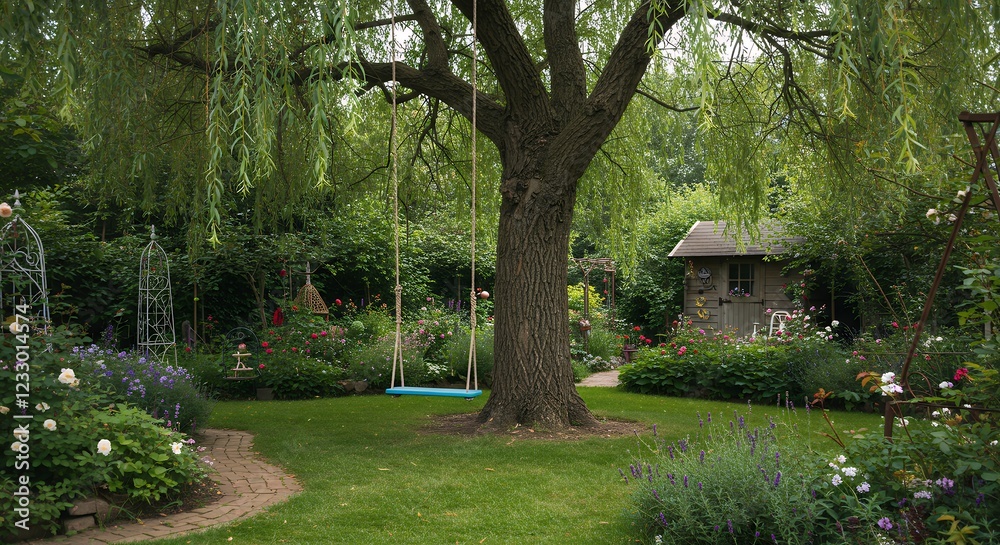Serene Garden Swing Under Willow Tree Peaceful Backyard Oasis Serene Garden Swing Under Willow Tree Peaceful Backyard Oasis