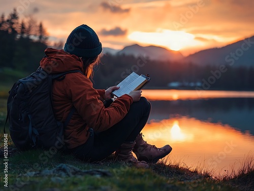 Traveler enjoying the sunset while jotting notes in a journal next to the lake