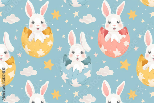 Seamless pattern with cute bunnies popping out of colorful eggs, surrounded by stars and clouds on a pastel blue background, perfect for Easter-themed designs