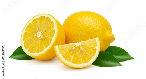 closeup of fresh yellow lemon lime citrus fruit with leaves isolate in white background