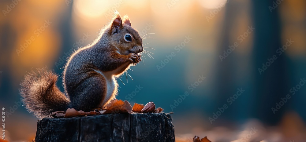 Squirrel eating nut on stump, autumn forest sunset. Nature wallpaper Squirrel eating nut on stump, autumn forest sunset. Nature wallpaper
