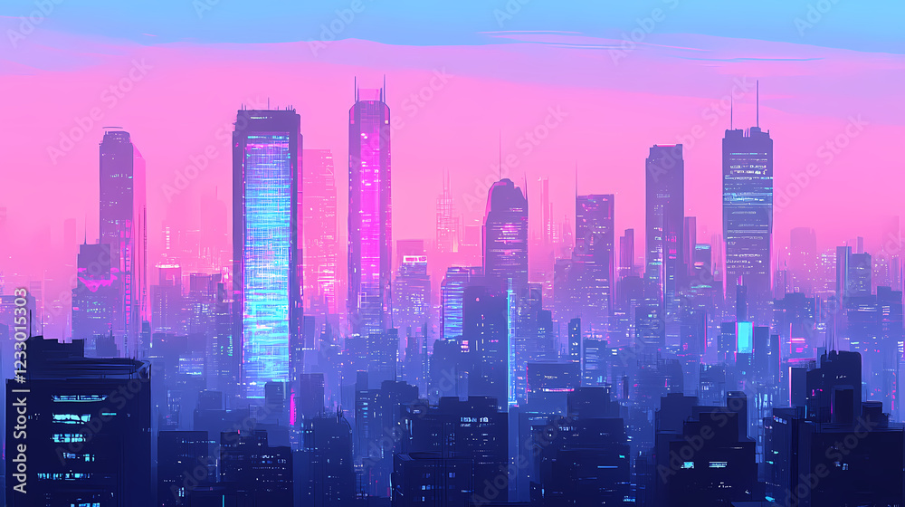 A flat illustration of a futuristic cityscape at dusk, with tall skyscrapers glowing in shades of pink, blue and purple. Shaded Horizon. Illustration A flat illustration of a futuristic cityscape at dusk, with tall skyscrapers glowing in shades of pink, blue and purple. Shaded Horizon. Illustration