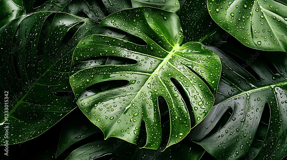 Fototapeta premium Lush Green Monstera Leaves Glistening With Dew Drops