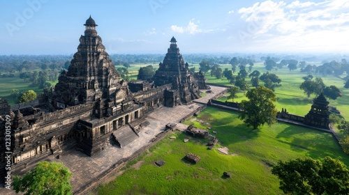 Ancient Stone Temple Ruins in Lush Green Landscape