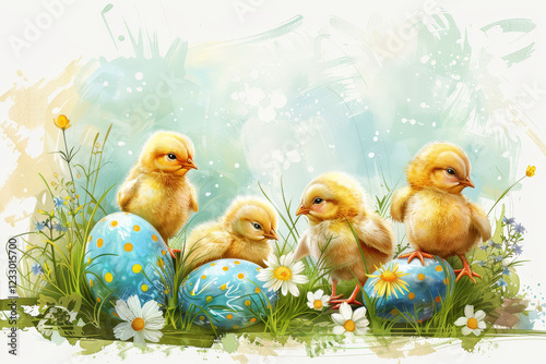 Adorable yellow chicks surrounded by painted Easter eggs, daisies, and fresh spring grass, set against a soft pastel background