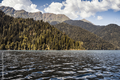 view from the lake to the mountains