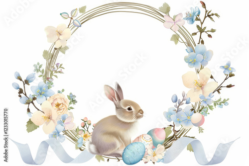 Delicate Easter wreath adorned with pastel flowers, painted eggs, and a cute bunny, accented by a soft blue ribbon for a charming spring design