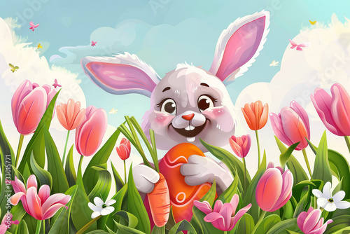 Cheerful Easter bunny holding a carrot and a painted egg, surrounded by blooming pink tulips and butterflies under a bright, sunny sky