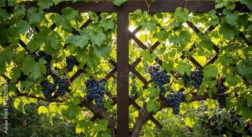 Sunlit Grapevine Trellis with Ripe Grapes