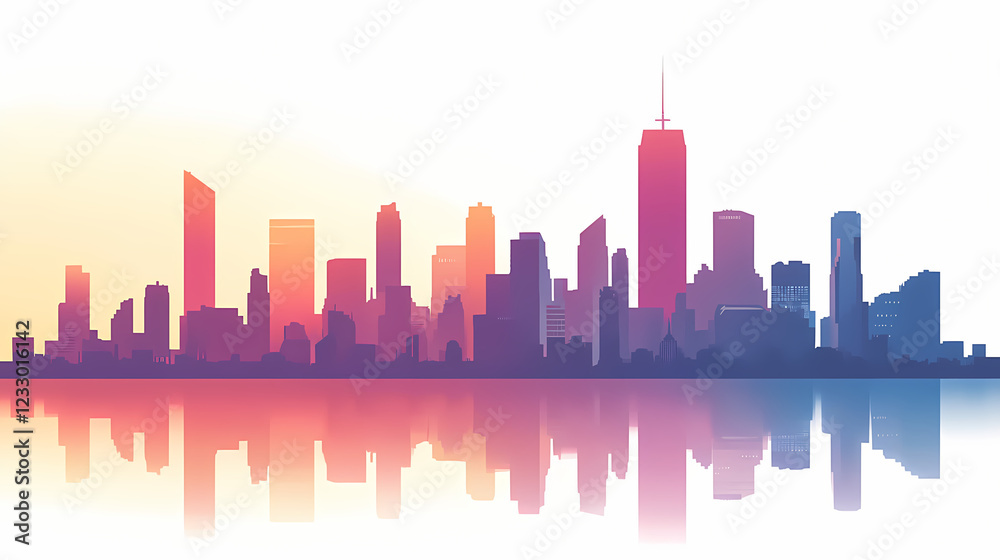 Naklejka premium A simple, flat design of a city skyline on a white background, using clean, bold shapes with no shading or intricate details. Shaded Horizon. Illustration