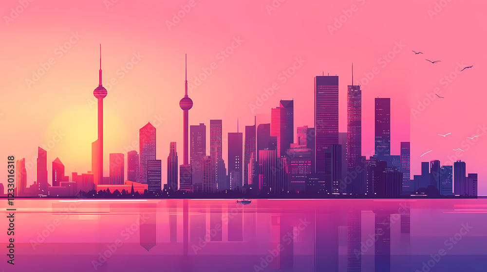 A vibrant skyline featuring iconic buildings in shades of pink, showcasing modern cityscape that evokes sense of creativity and artistic expression. Shaded Horizon. Illustration A vibrant skyline featuring iconic buildings in shades of pink, showcasing modern cityscape that evokes sense of creativity and artistic expression. Shaded Horizon. Illustration