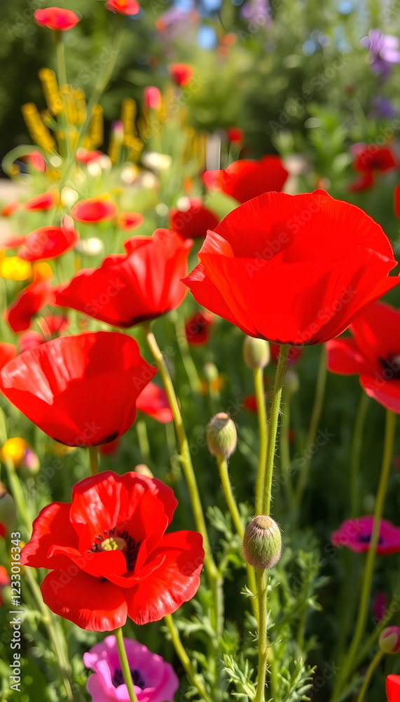 red poppies in the flowerbed in summer, dramatic, with white tones red poppies in the flowerbed in summer, dramatic, with white tones