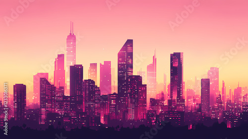 Wallpaper Mural A vibrant skyline featuring iconic buildings in shades of pink, showcasing modern cityscape that evokes sense of creativity and artistic expression. Shaded Horizon. Illustration Torontodigital.ca