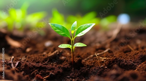 New Life from a Little Coffee Seedling: Macro Photo of Nature's Growth with Green Leaves and Bud for Spring