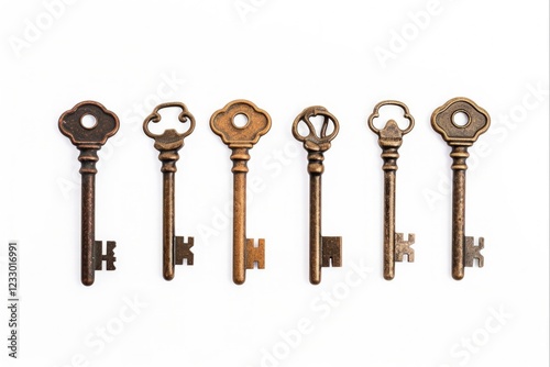 Old Keys Collection: Vintage and Rust-Eaten Keyrings Isolated on White Background