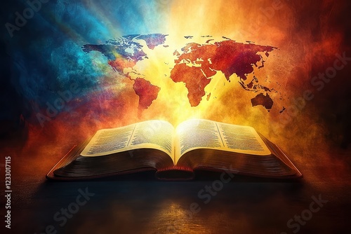 Fototapeta Naklejka Na Ścianę i Meble -   Open sacred book illuminated by golden light with a glowing world map in the background, symbolizing faith, knowledge, wisdom, enlightenment, divine inspiration, spirituality, and global connection.