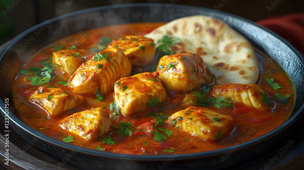 Indulgent Creamy Fish Curry Infused with Aromatic Spices and Accompanied by Warm Naan Indulgent Creamy Fish Curry Infused with Aromatic Spices and Accompanied by Warm Naan
