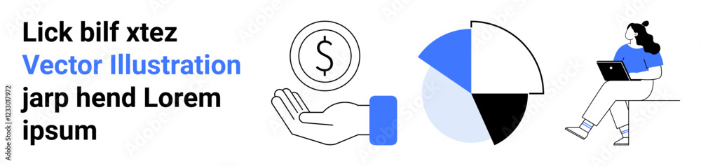 Hand holding coin, pie chart with blue segment, seated person with laptop. Ideal for business planning, finance, strategy, analysis, tech work, education, and presentations. Landing page Hand holding coin, pie chart with blue segment, seated person with laptop. Ideal for business planning, finance, strategy, analysis, tech work, education, and presentations. Landing page