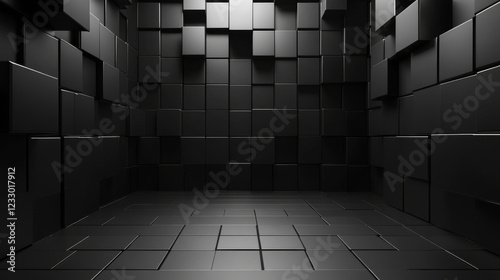 Fototapeta Naklejka Na Ścianę i Meble -  Blank black wall with cube elements small empty room 3d render illustration