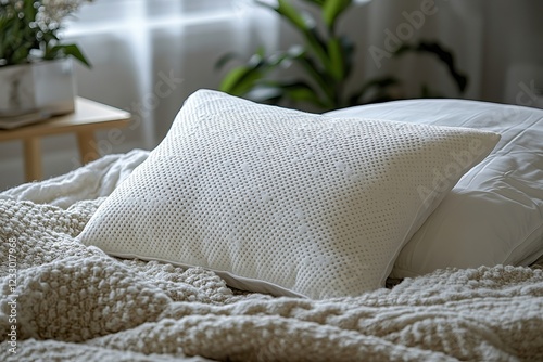  Premium pillow encased in cooling bamboo fabric cover, tiny perforations visible for breathability. Designed for comfort, temperature regulation, and restful sleep.