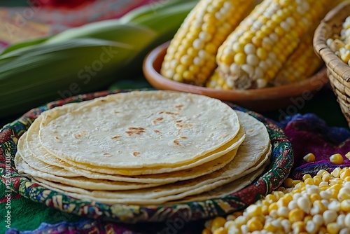 Fresh corn kernels processed into soft tortillas, emphasizing the traditional nixtamalization process. photo