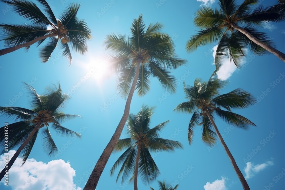Fototapeta premium Palmeras and Tropical Paradise with Blue Sky on Beach Vacation