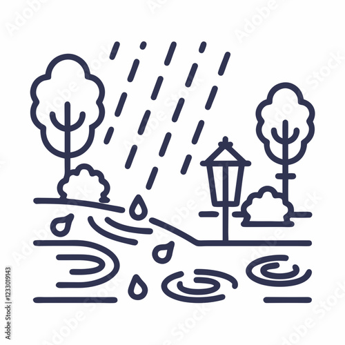 Stylized rainy park scene icon with tree silhouettes and a street lamp in minimalistic art for website and blog design, weather widget