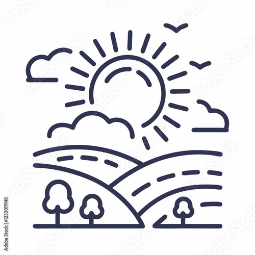 Sunny day landscape icon featuring hills and trees in a minimalist design for website and blog design, weather widget, travel agencies