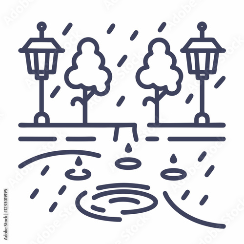 Stylized rainy street scene with trees and street lamps  for website and blog design, weather widget