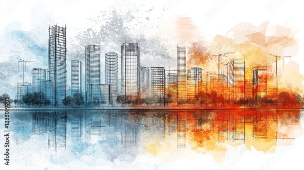 Obraz premium Dramatic city skyline with abstract fire and ice colors symbolizing duality, transformation, urbanization, and artistic architectural vision, Generative AI