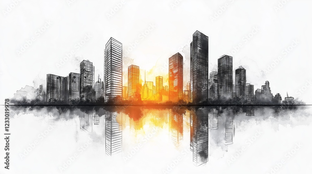 Obraz premium Abstract black-and-white city skyline sketch with sunlight reflecting on water, symbolizing urbanization, design, architecture, and futuristic vision, Generative AI